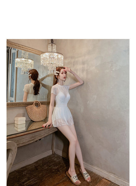 Beach Wear Retro Fairy White Lace One Piece Round Neck High Waist Women Swimsuit Swimwear Skirt