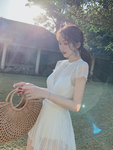 Beach Wear Retro Fairy White Lace One Piece Round Neck High Waist Women Swimsuit Swimwear Skirt