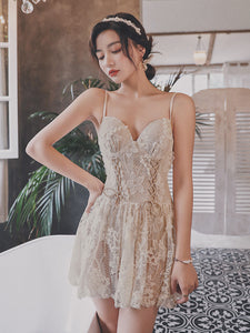 Sexy Lace Fairy Skirted Swimsuit Bathing Suit Front Bow Spaghetti Strap One Piece Swimdress Swimwear