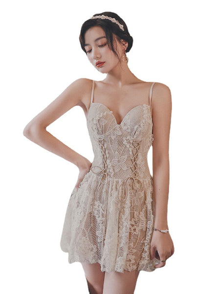 Sexy Lace Fairy Skirted Swimsuit Bathing Suit Front Bow Spaghetti Strap One Piece Swimdress Swimwear