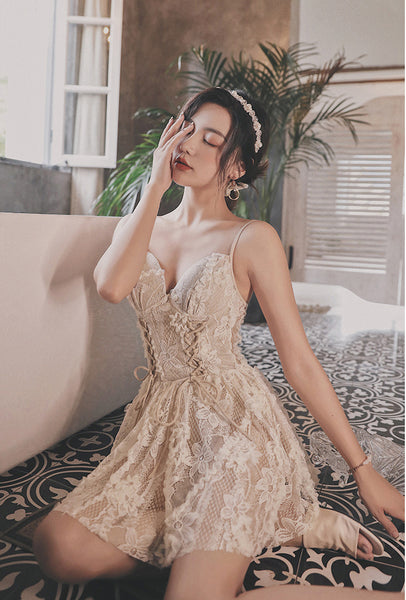 Sexy Lace Fairy Skirted Swimsuit Bathing Suit Front Bow Spaghetti Strap One Piece Swimdress Swimwear