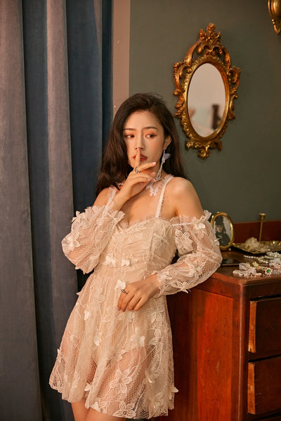 Amazing Sexy Lace Fairy Skirted Long Sleeves Swimsuit Bathing Suit Strap One Piece Swimdress Swimwear