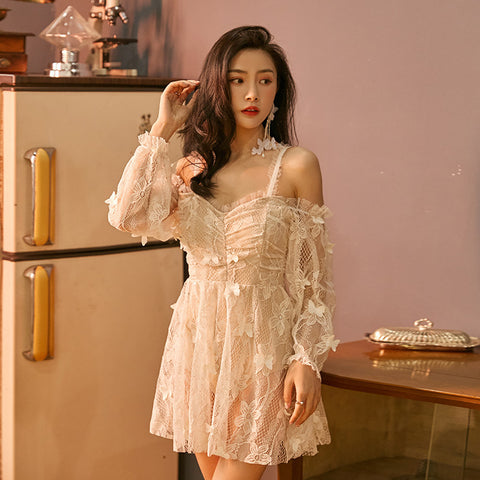 Amazing Sexy Lace Fairy Skirted Long Sleeves Swimsuit Bathing Suit Strap One Piece Swimdress Swimwear