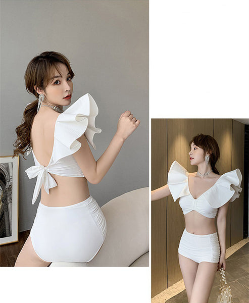 Sexy Women Ruffled Ruffle Side Shoulder Triangle Bikini Retro High Waisted Two Piece Swimsuit