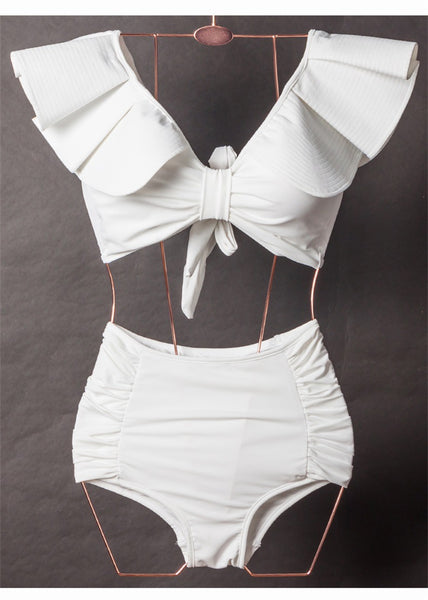Sexy Women Ruffled Ruffle Side Shoulder Triangle Bikini Retro High Waisted Two Piece Swimsuit