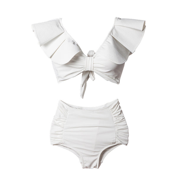 Sexy Women Ruffled Ruffle Side Shoulder Triangle Bikini Retro High Waisted Two Piece Swimsuit