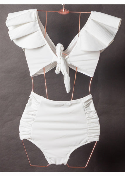 Sexy Women Ruffled Ruffle Side Shoulder Triangle Bikini Retro High Waisted Two Piece Swimsuit