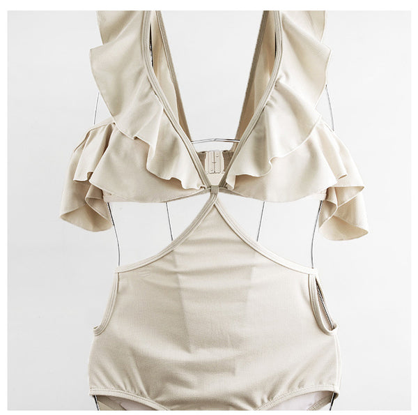 Fairy Vintage Ruffle Ruffled V-Neck Triangle Hollowed Out Monokini Beach Swimwear