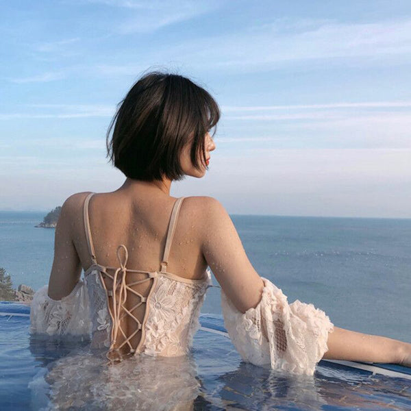 Vacation Sexy One Piece Off Shoulder Push Up Embroidery Back Tie Bow Lace Long Sleeved Swimsuit