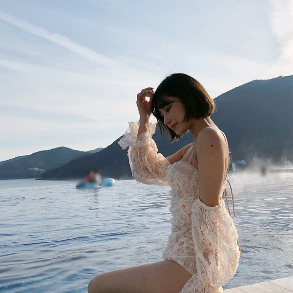 Vacation Sexy One Piece Off Shoulder Push Up Embroidery Back Tie Bow Lace Long Sleeved Swimsuit