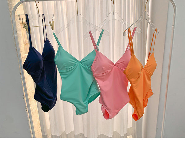 Candy Color Deep V Neck Push Up Backless Tight Wrap One Piece Sexy Swimsuit