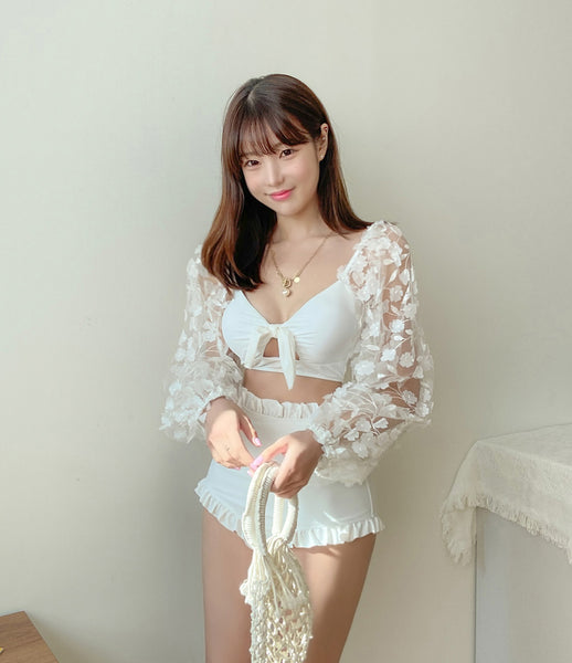 High Waist Front Bow Strappy Off Shoulder Long Sleeve White Floral Pleated Hem Long Sleeved Swimsuit
