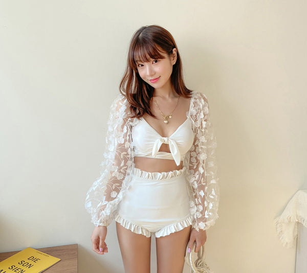 High Waist Front Bow Strappy Off Shoulder Long Sleeve White Floral Pleated Hem Long Sleeved Swimsuit
