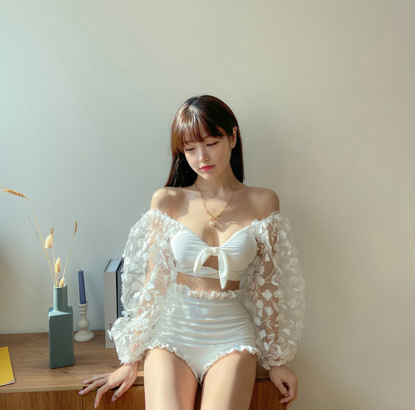High Waist Front Bow Strappy Off Shoulder Long Sleeve White Floral Pleated Hem Long Sleeved Swimsuit
