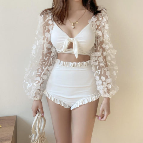High Waist Front Bow Strappy Off Shoulder Long Sleeve White Floral Pleated Hem Long Sleeved Swimsuit