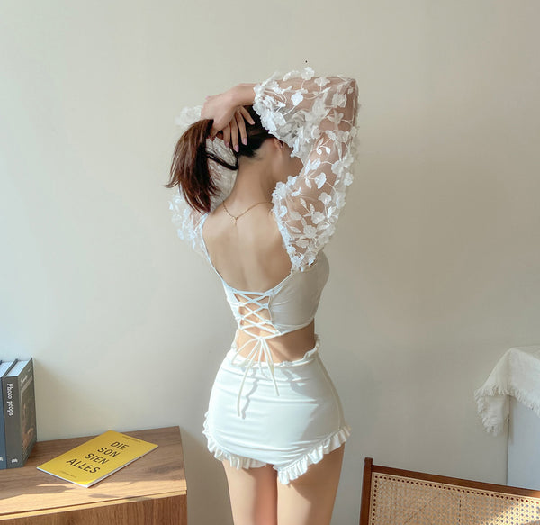 High Waist Front Bow Strappy Off Shoulder Long Sleeve White Floral Pleated Hem Long Sleeved Swimsuit