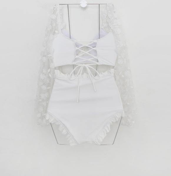 High Waist Front Bow Strappy Off Shoulder Long Sleeve White Floral Pleated Hem Long Sleeved Swimsuit