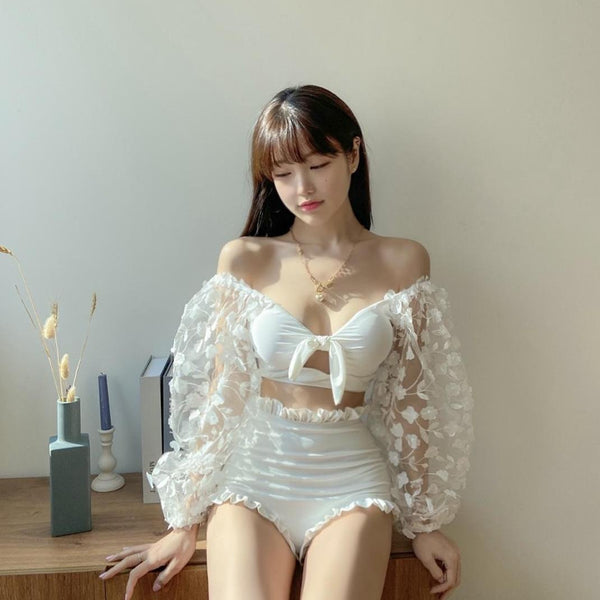 High Waist Front Bow Strappy Off Shoulder Long Sleeve White Floral Pleated Hem Long Sleeved Swimsuit