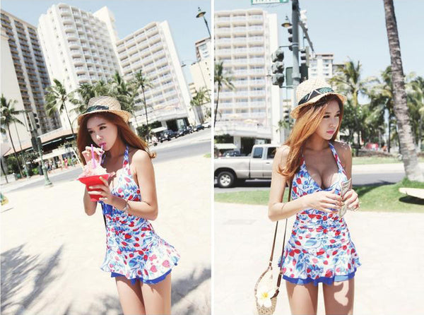 Cute Strawberry Printed Halter Neck Deep V Bandage Blue Swim Lace Cross Back Bow Dress Swimsuit