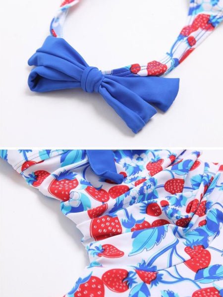 Cute Strawberry Printed Halter Neck Deep V Bandage Blue Swim Lace Cross Back Bow Dress Swimsuit