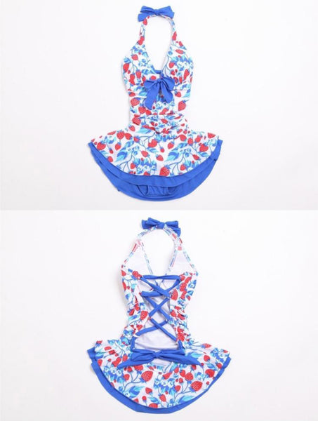 Cute Strawberry Printed Halter Neck Deep V Bandage Blue Swim Lace Cross Back Bow Dress Swimsuit