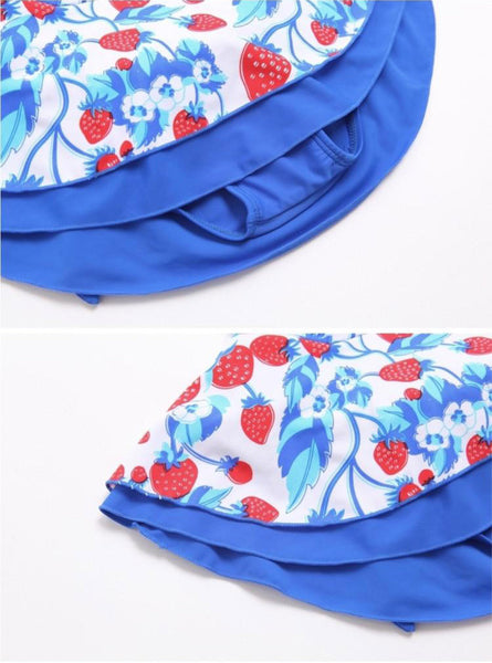 Cute Strawberry Printed Halter Neck Deep V Bandage Blue Swim Lace Cross Back Bow Dress Swimsuit