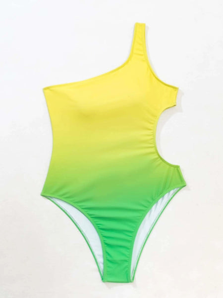 Surf Beach Gradient Change Color One Piece Side Hollow High Waist Bikini Swimsuit Swimwear