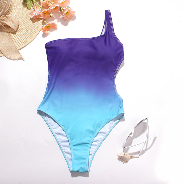Surf Beach Gradient Change Color One Piece Side Hollow High Waist Bikini Swimsuit Swimwear