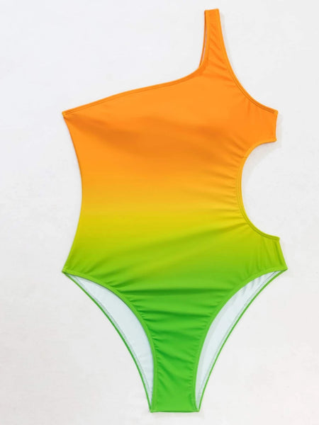 Surf Beach Gradient Change Color One Piece Side Hollow High Waist Bikini Swimsuit Swimwear