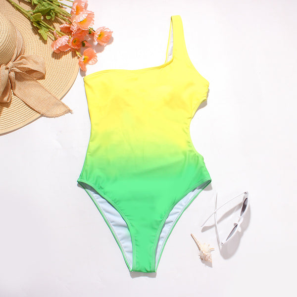 Surf Beach Gradient Change Color One Piece Side Hollow High Waist Bikini Swimsuit Swimwear