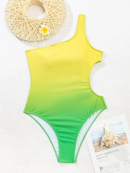 Surf Beach Gradient Change Color One Piece Side Hollow High Waist Bikini Swimsuit Swimwear