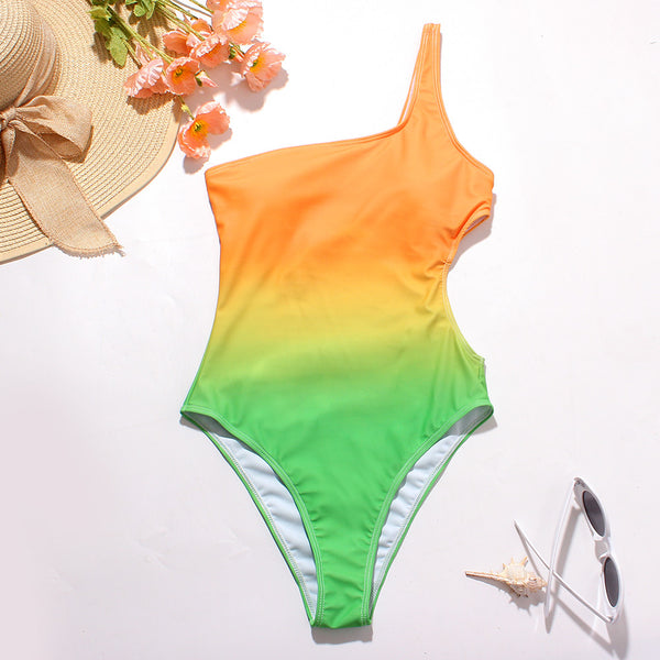 Surf Beach Gradient Change Color One Piece Side Hollow High Waist Bikini Swimsuit Swimwear