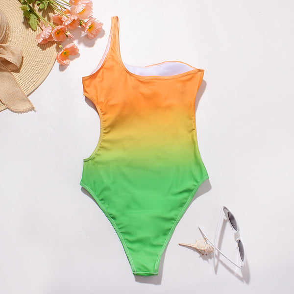 Surf Beach Gradient Change Color One Piece Side Hollow High Waist Bikini Swimsuit Swimwear