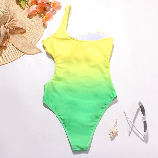 Surf Beach Gradient Change Color One Piece Side Hollow High Waist Bikini Swimsuit Swimwear