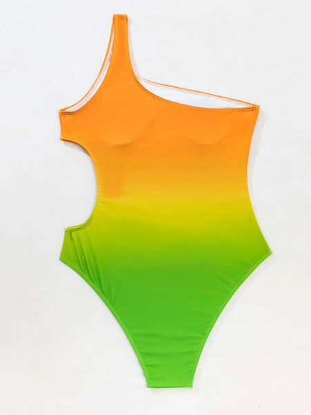 Surf Beach Gradient Change Color One Piece Side Hollow High Waist Bikini Swimsuit Swimwear