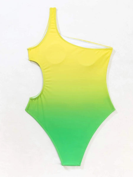Surf Beach Gradient Change Color One Piece Side Hollow High Waist Bikini Swimsuit Swimwear