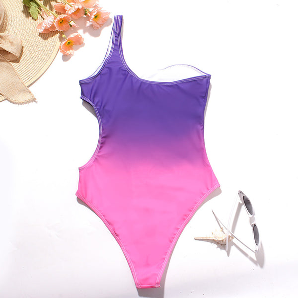 Surf Beach Gradient Change Color One Piece Side Hollow High Waist Bikini Swimsuit Swimwear