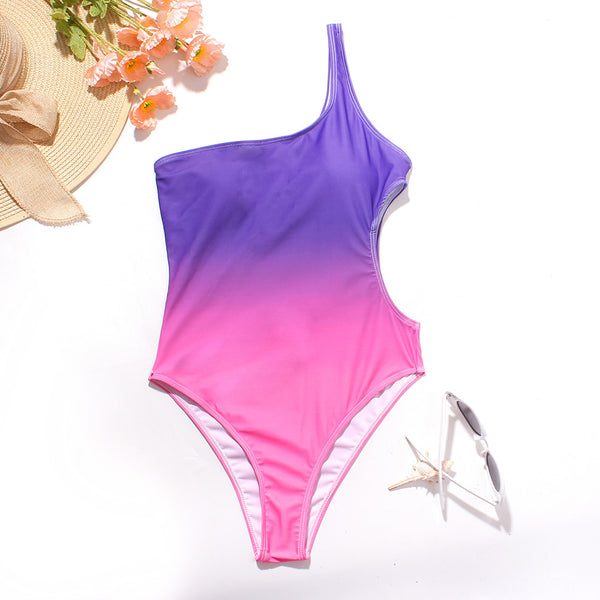 Surf Beach Gradient Change Color One Piece Side Hollow High Waist Bikini Swimsuit Swimwear