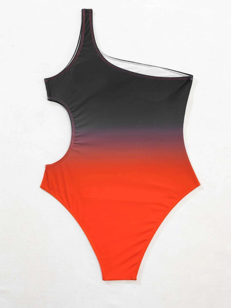 Surf Beach Gradient Change Color One Piece Side Hollow High Waist Bikini Swimsuit Swimwear