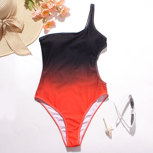 Surf Beach Gradient Change Color One Piece Side Hollow High Waist Bikini Swimsuit Swimwear