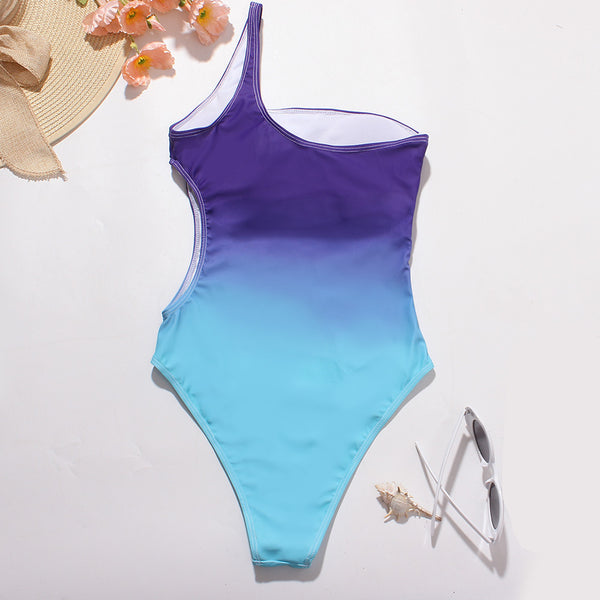 Surf Beach Gradient Change Color One Piece Side Hollow High Waist Bikini Swimsuit Swimwear