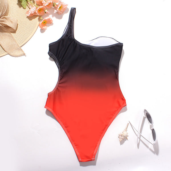 Surf Beach Gradient Change Color One Piece Side Hollow High Waist Bikini Swimsuit Swimwear