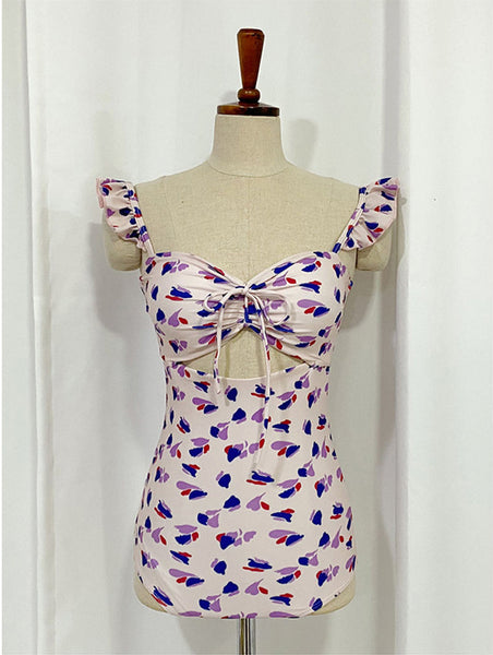 Sexy Kawaii Women Printed Floral Pattern Front Bow One Piece Monokini Swimsuit