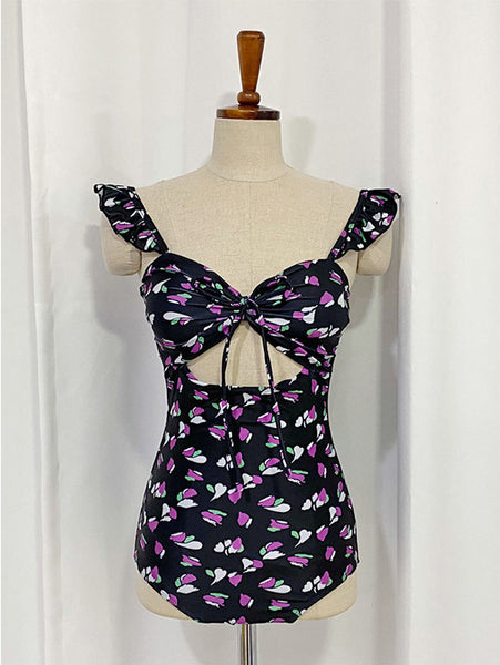 Sexy Kawaii Women Printed Floral Pattern Front Bow One Piece Monokini Swimsuit
