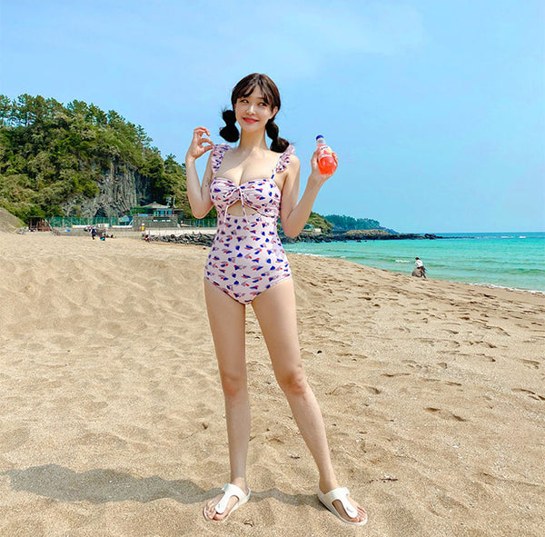 Sexy Kawaii Women Printed Floral Pattern Front Bow One Piece Monokini Swimsuit