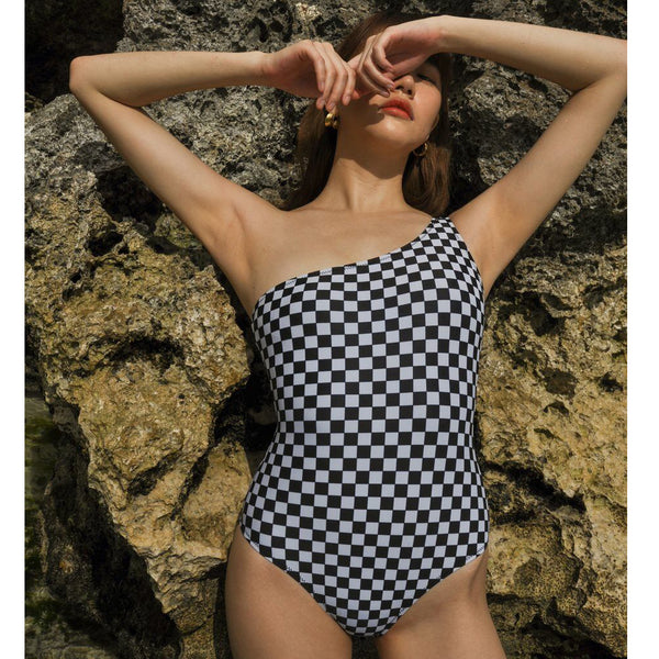 Amazing Women Small Plaid Square Printed Pattern Single Shoulder Strap One Piece Triangle Swimsuit