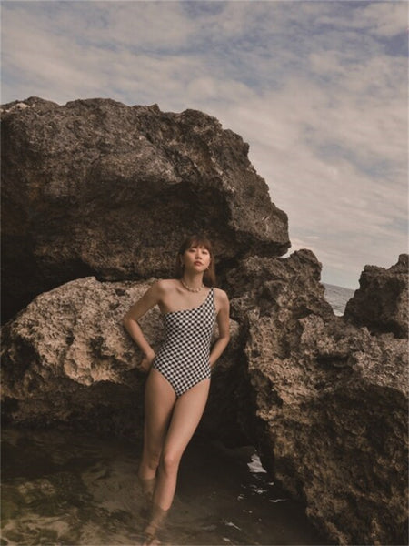 Amazing Women Small Plaid Square Printed Pattern Single Shoulder Strap One Piece Triangle Swimsuit