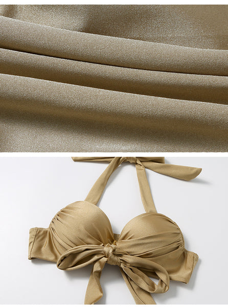 Sexy Retro Champagne Push Up Halter Neck Front Cross Bandage High Waist Swimsuit Bikini