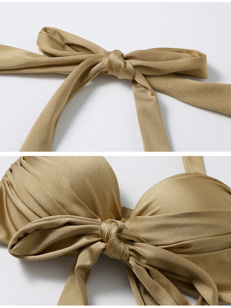 Sexy Retro Champagne Push Up Halter Neck Front Cross Bandage High Waist Swimsuit Bikini