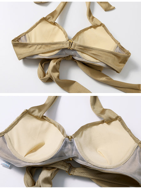 Sexy Retro Champagne Push Up Halter Neck Front Cross Bandage High Waist Swimsuit Bikini